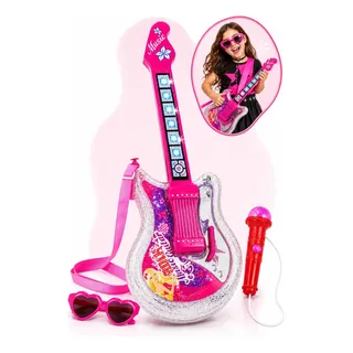 Guitarra Infantil com Microfone Girls Rock Brinquedo Musical com Luzes 8 Teclas Melodias e Correia Ajustável Instrumento para Menina a Pilha 57 cm Rosa Kizumba