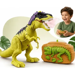Dinossauro Rex de Controle Remoto que Anda e Solta Fumaça com Som Tiranossauro Robô de Brinquedo Realista Interativo Infantil Verde 36cm Kizumba
