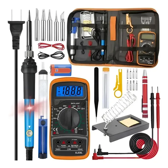 Kit Ferro Solda Soldador Estanho Multímetro Ajustável 60w,Kit De Ferro De Solda Elétrico De Temperatura Ajustável Por