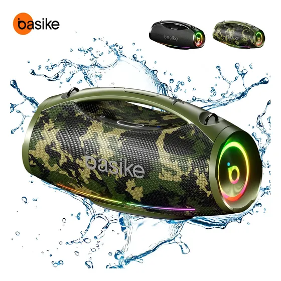 Basike Boombox 200w Caixa De Som Portátil Bluetooth 36hrs Ipx6 Caixa Som Estéreo Bass Boost Alta Hifi Ajuste Graves E Agudos Com Rgb Luzes Led Som Para Festa Camouflage Camuflagem 127/220v