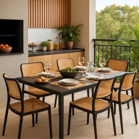 Kit 6 Cadeiras De Jantar E Cozinha Bali Rattan Empilhável Bali Rattan Preto Bege