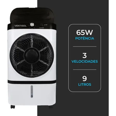 Climatizador De Ar Ventisol Cli09 9l Evaporativo Portátil Com Filtro Colmeia, Gelo, Silencioso, 65w Ou Baixo Consumo Para Ambientes Até 30m²