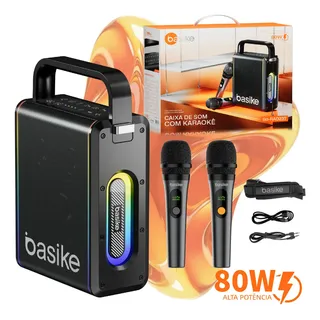 Caixa de Som Basike RAD237 80W Profissional Portátil Bluetooth com Karaokê e 2 Microfones Sem Fio