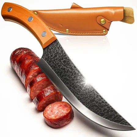 Faca Picanheira Profissional 30cm Corte Alfa Em Aço Inox Full Tang Com Cabo De Madeira E Bainha. Ultra Afiada Design Martelado Premium Para Churrasco Cozinha Chef E Presente De Luxo Marrom-claro
