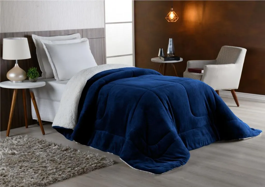 Coberdrom Solteiro Edredom Dupla Face Sherpa E Manta Soft Azul-marinho