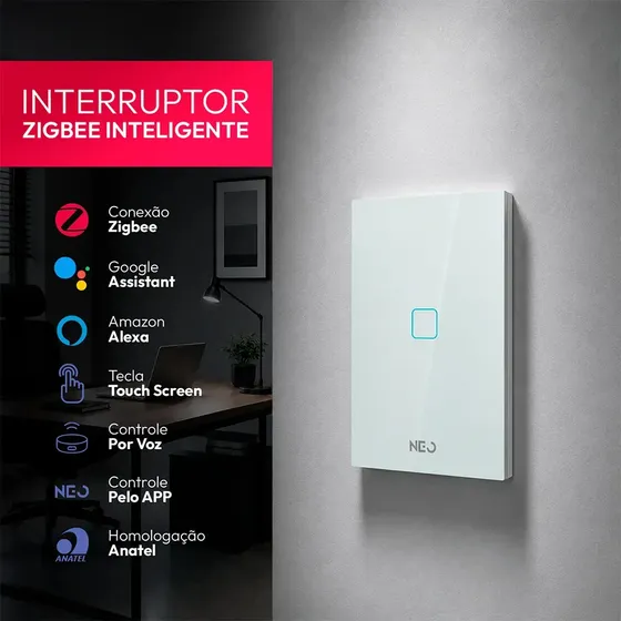 Interruptor Inteligente Smart Zigbee Touch Screen Neo Avant Branco 1 Botão 10 A
