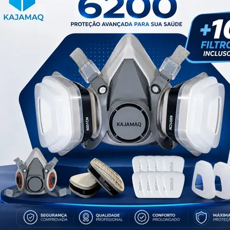 Mascara De Pintura Premium Reutilizável Com Carvao Ativado Máscara 3 Semi Facial Completa Respirador 6200 + Kit 10 Filtros 5n11 Proteção Respiratória Gases Poeira Pó Cartucho 6001 Químico Vapores G U