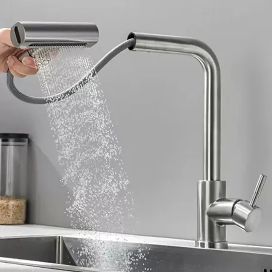 Torneira Gourmet de Cozinha Inox 304 Monocomando Frio e Quente com 4 Modos de Jato Bica Alta Giratória para Pia, Design Moderno e Alta Pressão Prata Winda