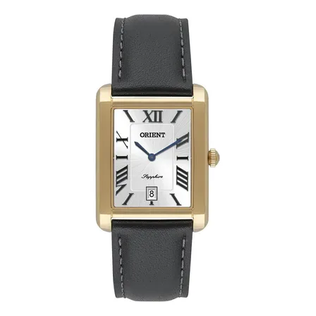 Relógio Orient Masculino Sapphire Slim Dourado Caixa Retangular Couro Preto Branco