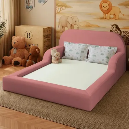 Cama Casal Montessoriana Infantil Proteção Lateral + Colchão Cor Rosa