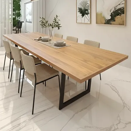Mesa De Jantar Industrial Madeira Com Pé Metal Preto 220x100 Tampo Painel De Teca