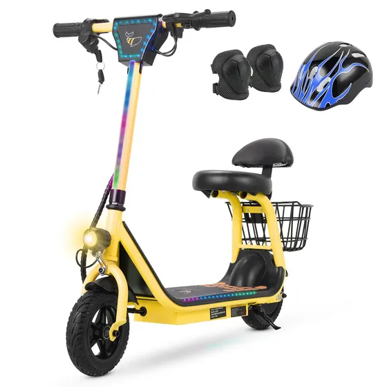 HONEYWHALE JL006 Patinete Elétrico Infantil, 300W-18KM/H-10KM-80KG, Velocidade-Juvenil-Autonomia-de-Bluetooth-Carge, Três velocidades, Scooter com Banco e Cesto, 8" Pneus Sólidos, Honey Whale Amarelo