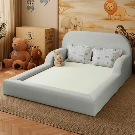 Cama Colchão Casal Montessoriana Infantil Proteção Lateral Cor Cinza Claro