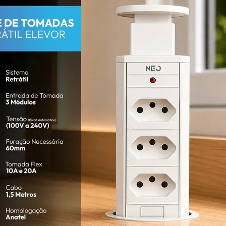 Torre 3 Tomadas Embutir Retrátil Elevor Para Bancada Branco Cod: 370025676 Neo Avant