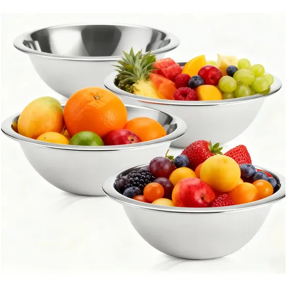 Kit 4 Tigelas Bowl Inox 24cm Aço Inoxidável Escovado Saladeira Bacia Multiuso Para Mistura Preparo de Alimentos Cozinha Massas Saladas