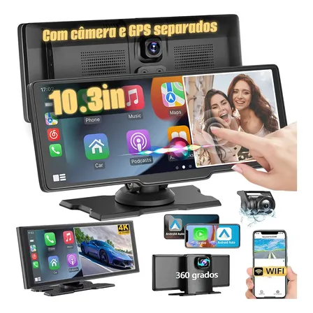Central Multimídia 10,26" Portáti Carro com CarPlay e Android Auto Sem Fio e Dashcam Cam Ré