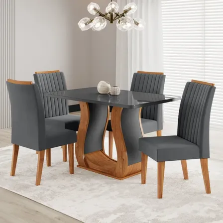 Mesa De Jantar 120x80cm Tampo Com Vidro 4 Cadeiras Fh Mel/cinza