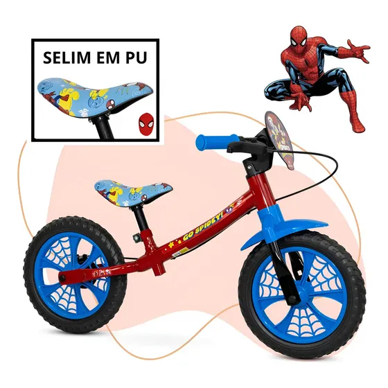 Bicicleta de Equilíbrio Infantil Homem Aranha Aro 12 com Freio para Crianças de 2 a 5 Anos