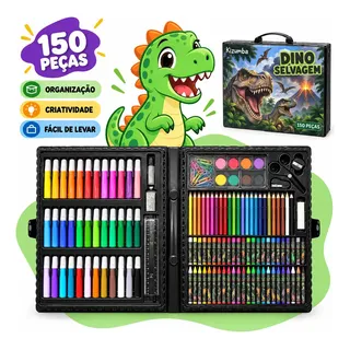 Estojo Maleta De Desenho E Pintura 150 Peças Dinossauro Com Canetinhas Lápis Giz Aquarela Presente Criança Premium Kizumba