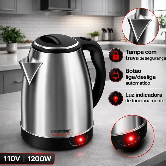 Chaleira Elétrica 1.8 Litros Em Inox Automática Aquecimento Rápido Segura Café Chá Jarra 1,8l Desligamento Automático Fácil Abertura Base Giratoria 127v