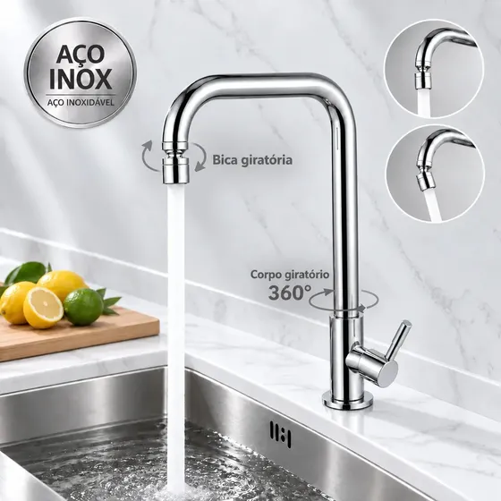 Torneira Cozinha Inox Cromada Água Fria Bica Alta Giratória Corpo Giratório com Arejador