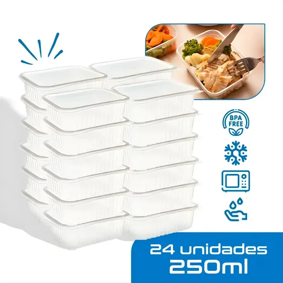 24 Marmitas 250ml Comida Fitness Pote Descartável Retangular Plástico Freezer Microondas Com Tampas - Montza