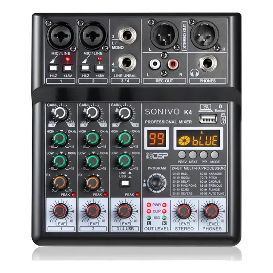 Cvlite Mesa De Som 4 Canais Console De Áudio Bluetooth Com Usb + 99dsp Mesa Som Digital Para Estúdios De Gravação E Shows