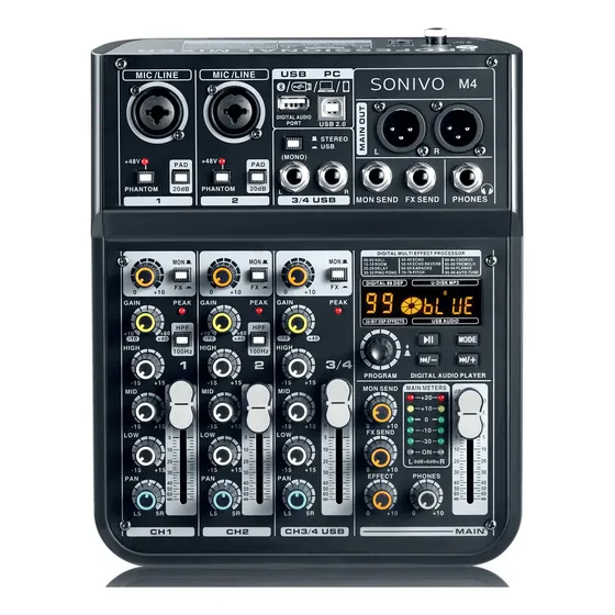 Mesa de Som Digital M4 de 4 Canais Com Bluetooth e 99 Efeitos DSP