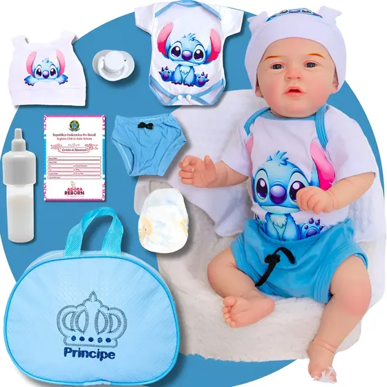 Boneco Bebê Reborn Stitch Silicone Com Bolsa Maternidade