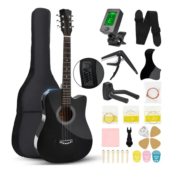 Kit Violão Eletroacústico de 38 Polegadas para Iniciantes, Preto, com Afinador e Acessórios Dc Music