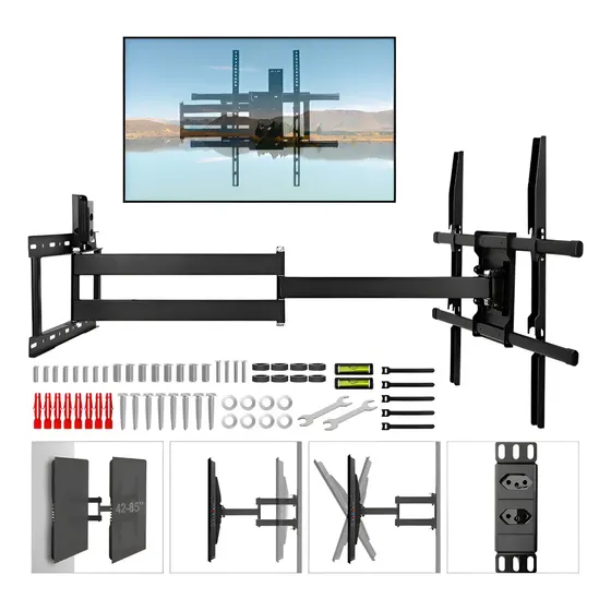 Suporte Tv Articulado com Braço Longo 85cm 42 a 85" Com tomada 45kg 90o,LED, OLED, QLED, LCD, Plasma
