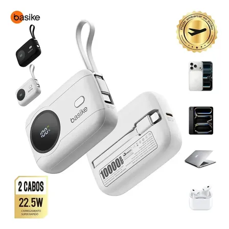 Power Bank Basike 10.000mah De Carga Rápida C/ Cabo E Display Digital Para Celular Branco