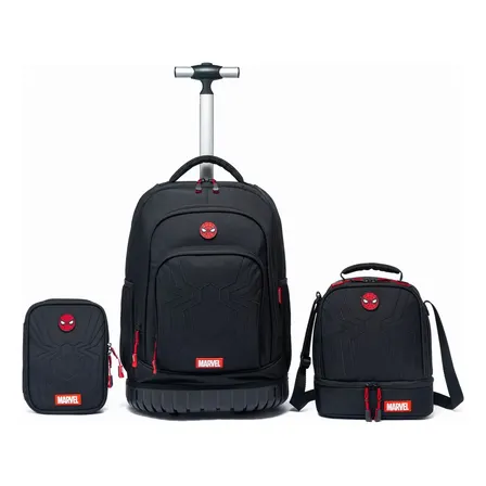 Kit Mochila Rodinhas Lancheira Estojo Homem Aranha Juvenil Escolar Preta Homem Aranha