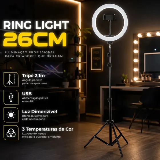Ring Light Led Profissional Com Tripé 2,10m Estrutura Preta Luz Quente/frio/neutro