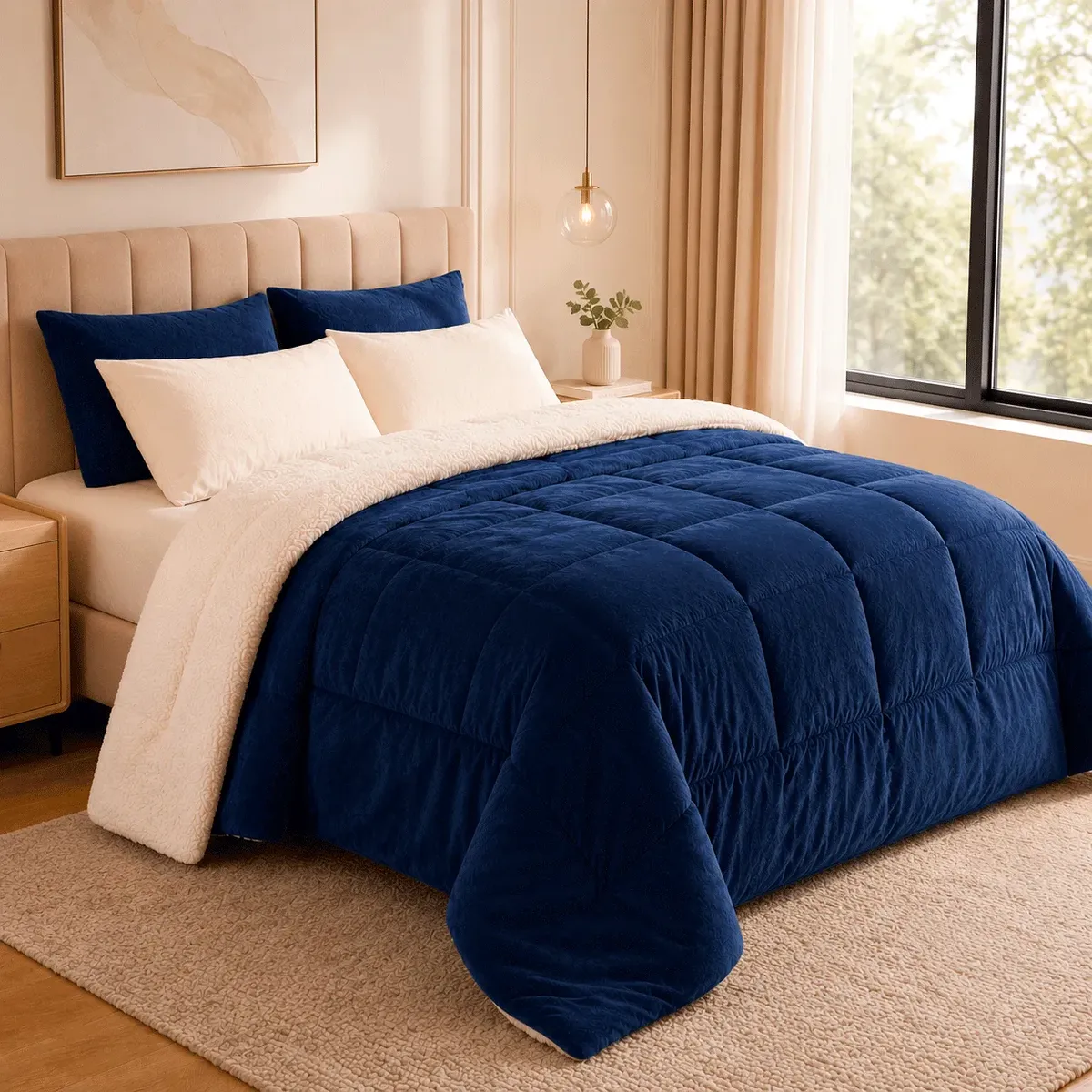Coberdrom Queen Plush Sherpa Edredom Pele Carneiro Felpudo Azul-marinho Liso