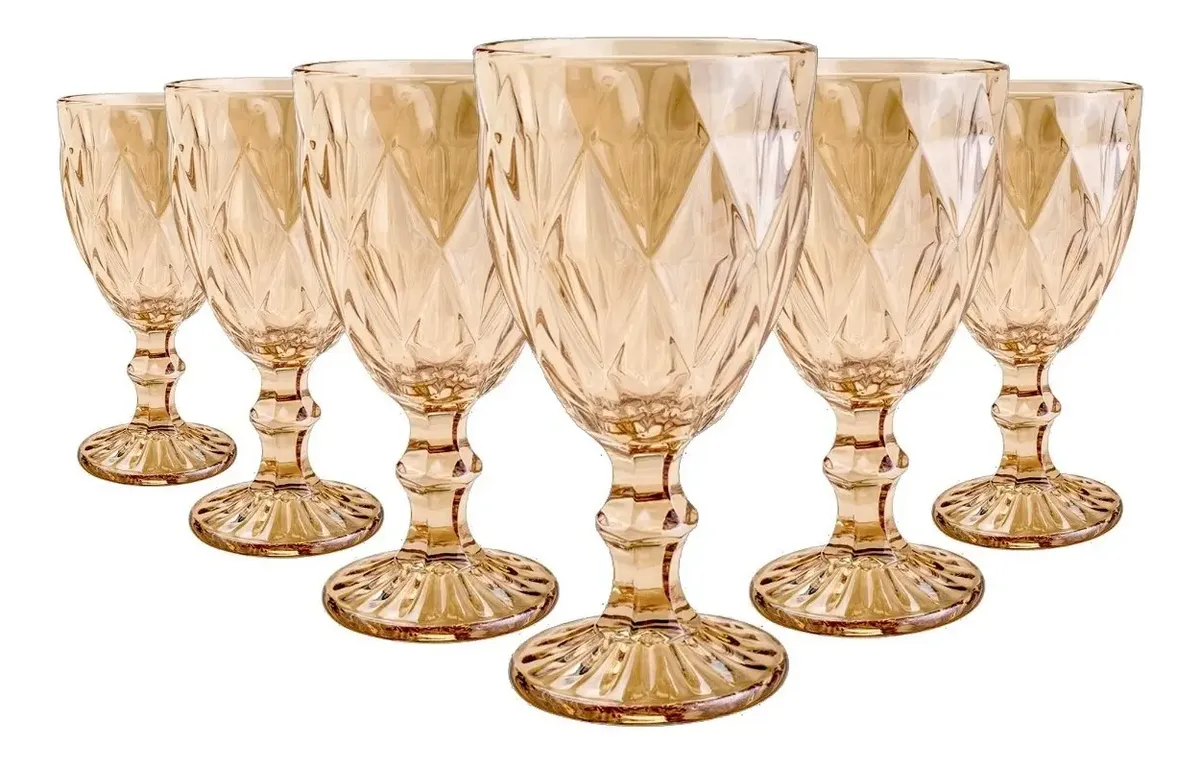 Jogo 6 Taças Diamante Bico De Jaca Diamond Água Vinho 325ml Dourado