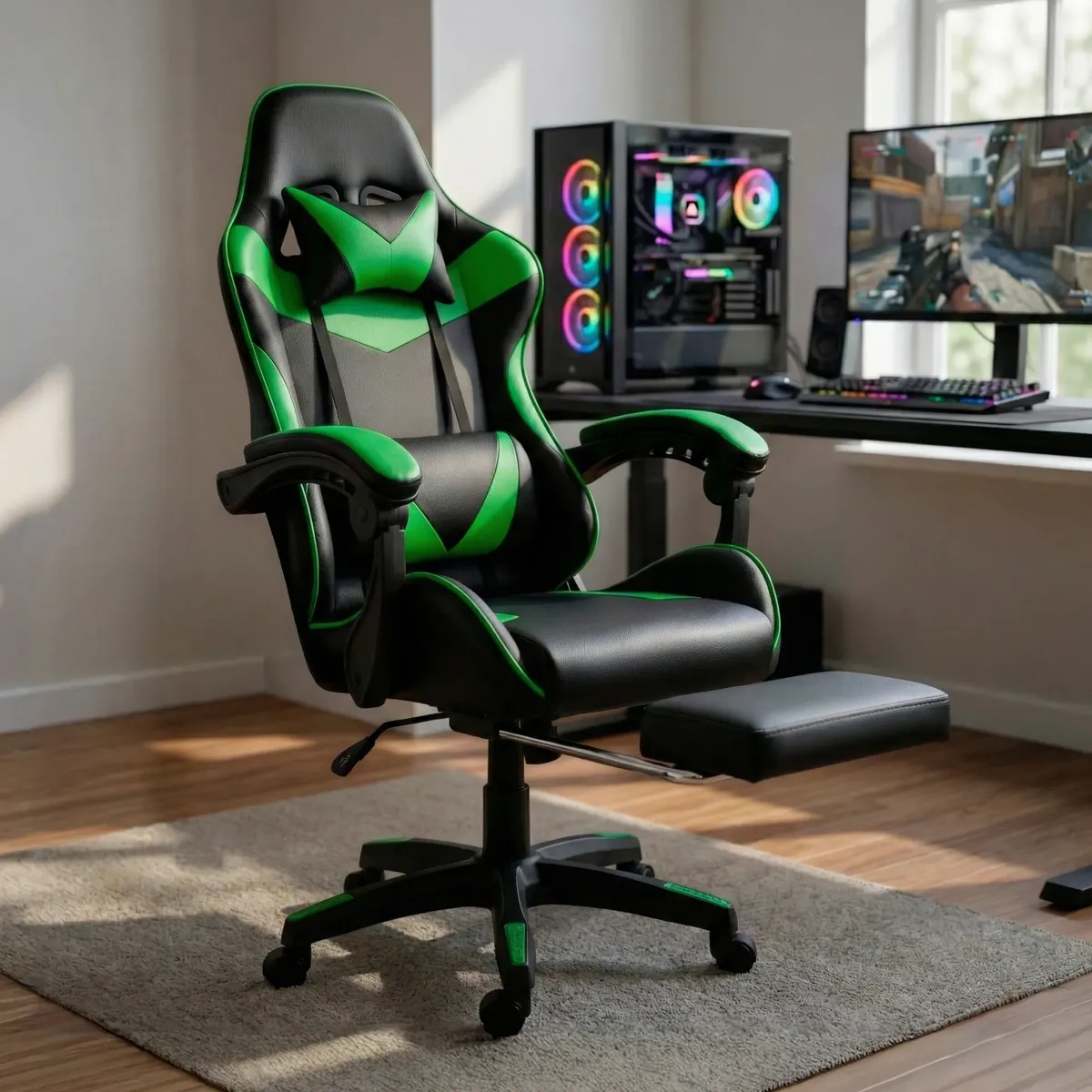 Cadeira Gamer Profissional Escritório Com Apoio Para Pés Verde Couro Sintético