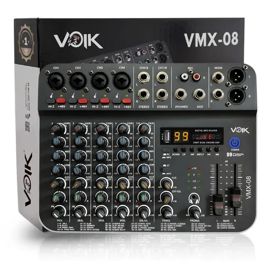 Mesa De Som 8 Canais Voik VMX-08 USB Bluetooth 99 Efeitos Interface de Áudio Live Streaming 48v Phantom Power HI-Z Processamento Digital Bivolt 110v/220v
