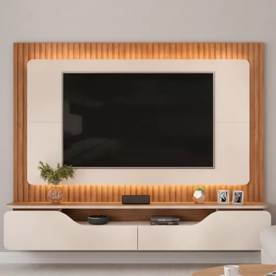 Painel Para Tv Até 70 Polegadas Ripado 100% Mdf Com Hf Off White/freijó