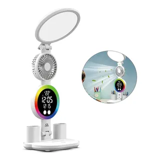 Luminária De Mesa Touch Com Ventilador Relógio E Temperatura Branca Branco