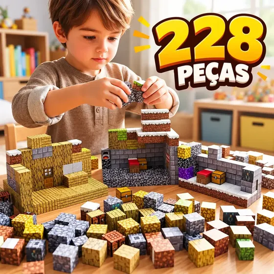 Kit 220 Peças Blocos Magnéticos Construção Minecraft Brinquedo