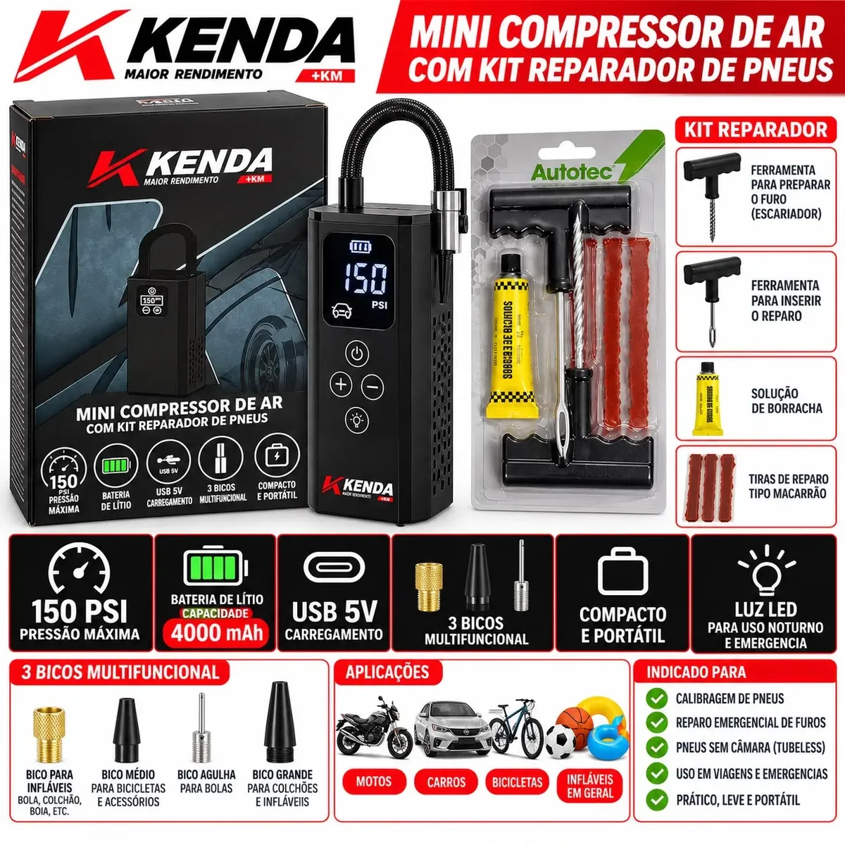 Calibrador Pneu Kenda Portátil + Kit Remendo Macarrão