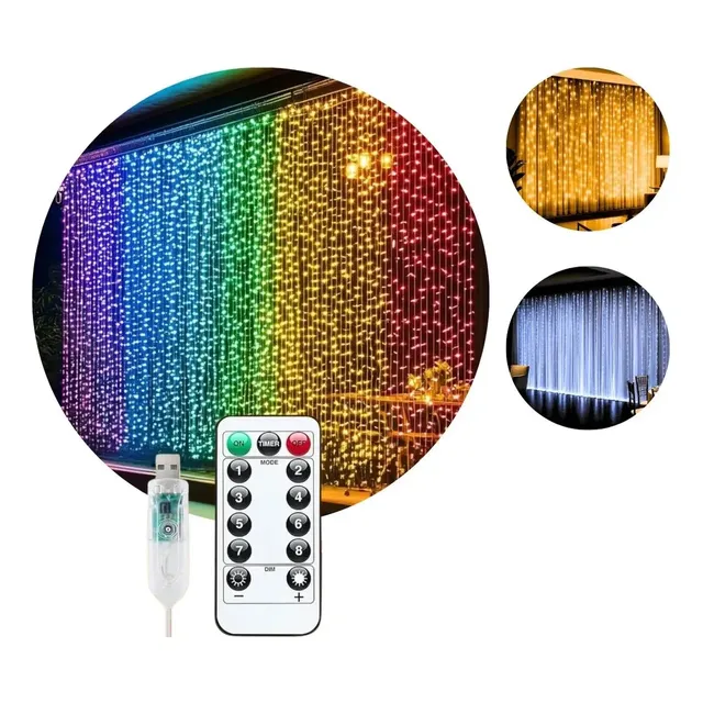 Pisca Cortina 300 Leds 3x3m Usb Ip44 8 Modos Iluminação Luzes Fada Decoração De Natal Festa Colorido Luvinco 127/220v