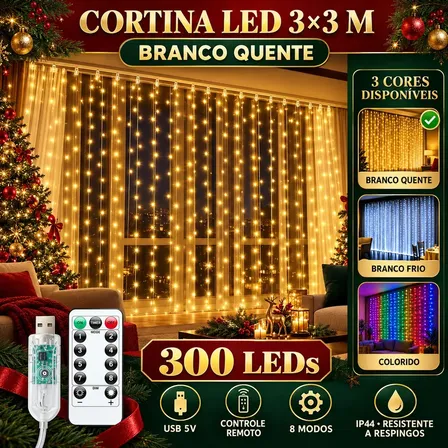 Pisca Cortina 300 Leds 3x3m Usb Ip44 8 Modos Iluminação Luzes Fada Decoração De Natal Festa Branco Quente Luvinco 127/220v