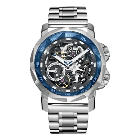 Relógio masculino Skeleton Auto Felice Fm511, 5 atm, pulseira prateada, moldura azul, aço, fundo prateado