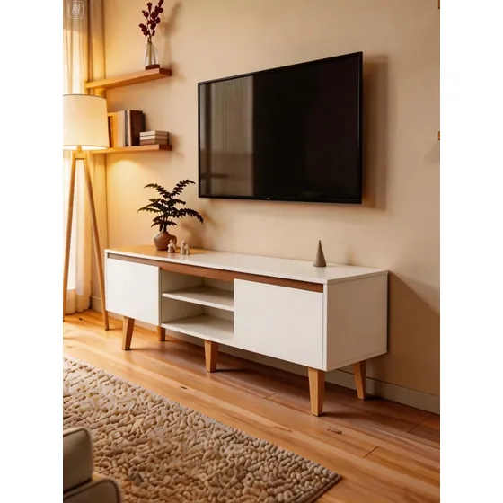 Rack Tv 55 Polegadas Estante Para Sala com 2 portas Nicho com Prateleira Madeira com Detalhe em Amadeirado Claro Branco