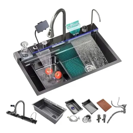 Cuba Gourmet Premium 75*45 com Torneira Cascata Lavador Copos Ouro Cinza-escuro Com Suporte Para Celular Winda