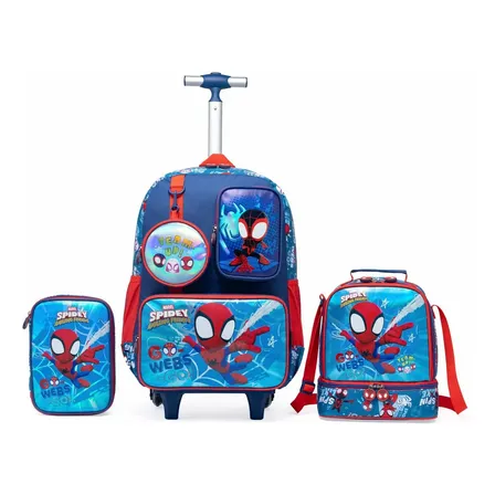 Kit Escolar Menino Mochila Rodinhas Lancheira Estojo Infantil Azul/Vermelho Marvel Oficial