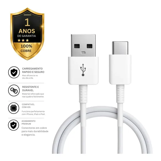 Cabo Carregador Turbo Usb-c Blindado Para Samsung Galaxy A05 A06 A07 A15 A16 A17 A35 A36 A37 M56 M62 S24 Fe S25 S26 Ultra Apple iPhone 15 16 17 Android Auto Carplay Rápido