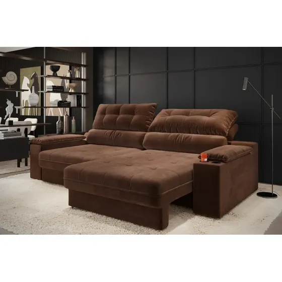 Sofá Retrátil Reclinável 4 Lugares Molas Ensacadas Suede 2,30m Com Porta-copos E Rodízio Serena - Marrom